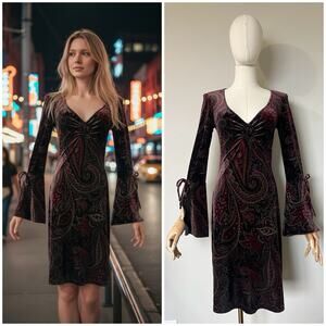 VTG City Triangles Sz Small Velvet Paisley Dress Bell Sleeve Y2K Whimsigoth